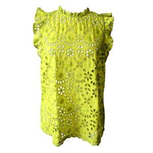 J. Crew Neon Lime Green Eyelet Top, Medium, Cap Sleeve, EUC!